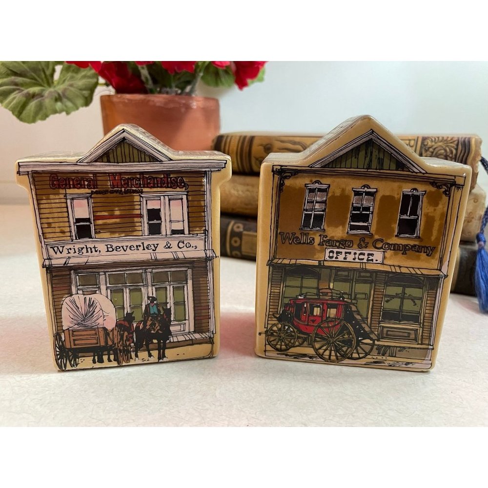 Vintage Enesco Western Town Salt & Pepper Shakers Cowboy Wells Fargo Japan